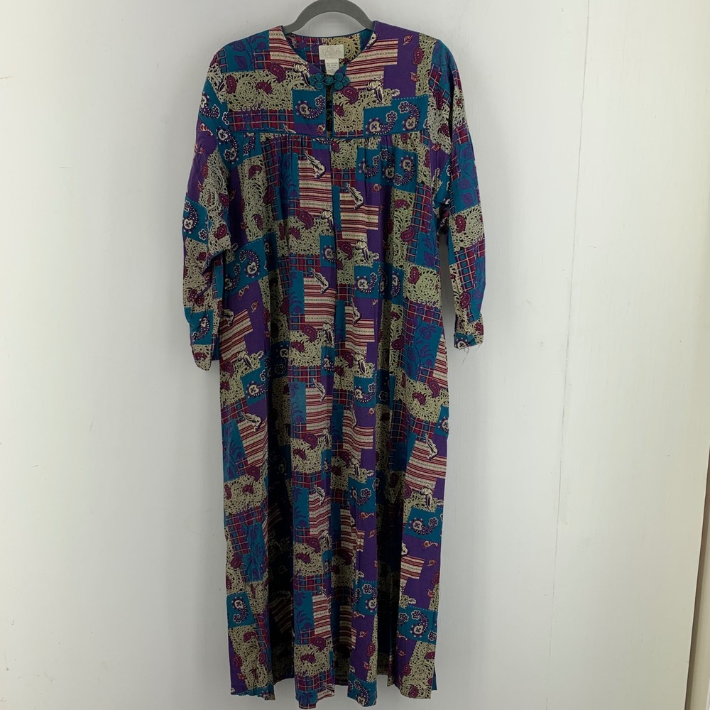Vintage Patchwork Paisley Maxi Dress House Coat Kaftan Mumu Granny Medium Boho